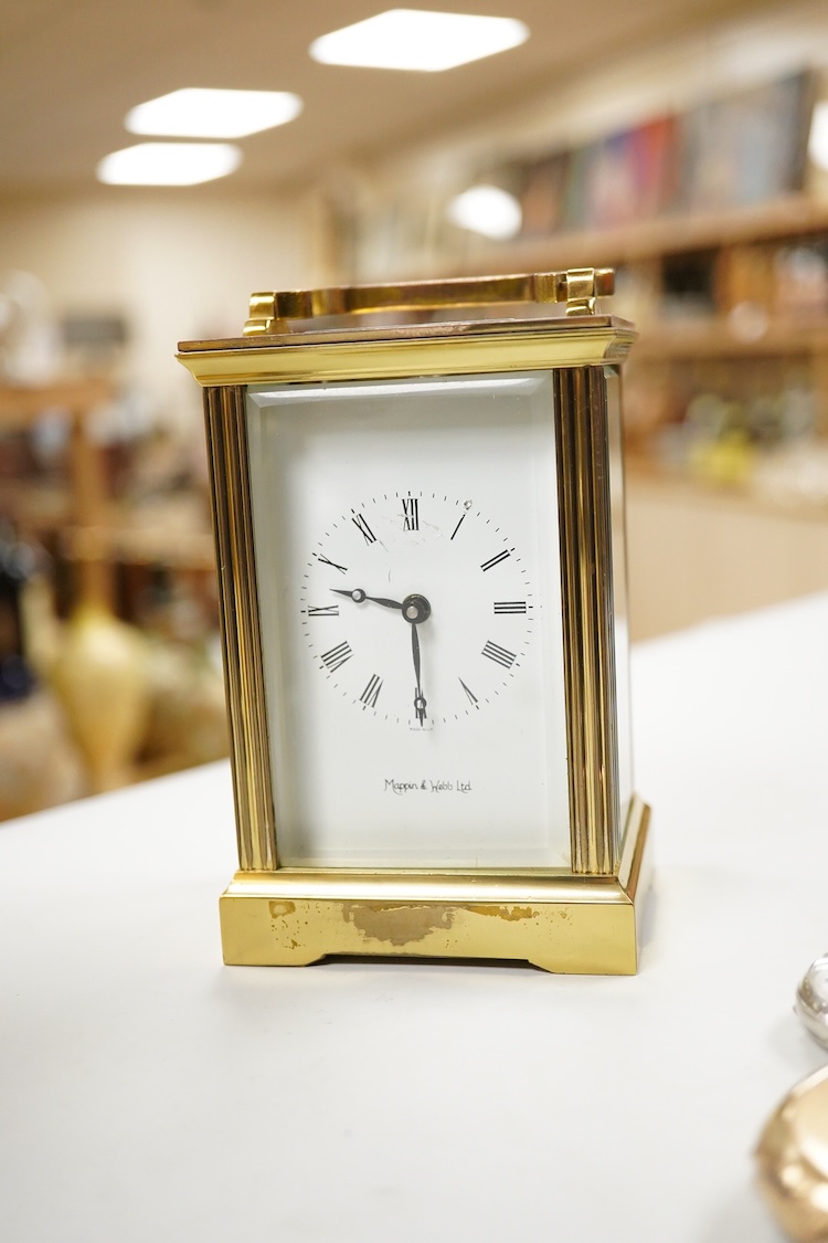 Two carriage clocks including a Jaeger LeCoultre(a.f), a 935 white metal fob watch, a gold plated open faced pocket watch, a 935 white metal 'The Westfield Lever' open faced pocket watch and a small quantity of watch key